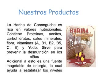 Nuestros Productos 
La Harina de Canangucha es 
rica en valores nutricionales. 
Contiene Proteínas, aceites, 
carbohidratos, sales minerales, 
fibra, vitaminas (A, B1, B2, B5, 
C, E) y Yodo. Sirve para 
prevenir la desnutrición en los 
niños 
Adicional a esto es una fuente 
inagotable de energía, lo cual 
ayuda a estabilizar los niveles 
 