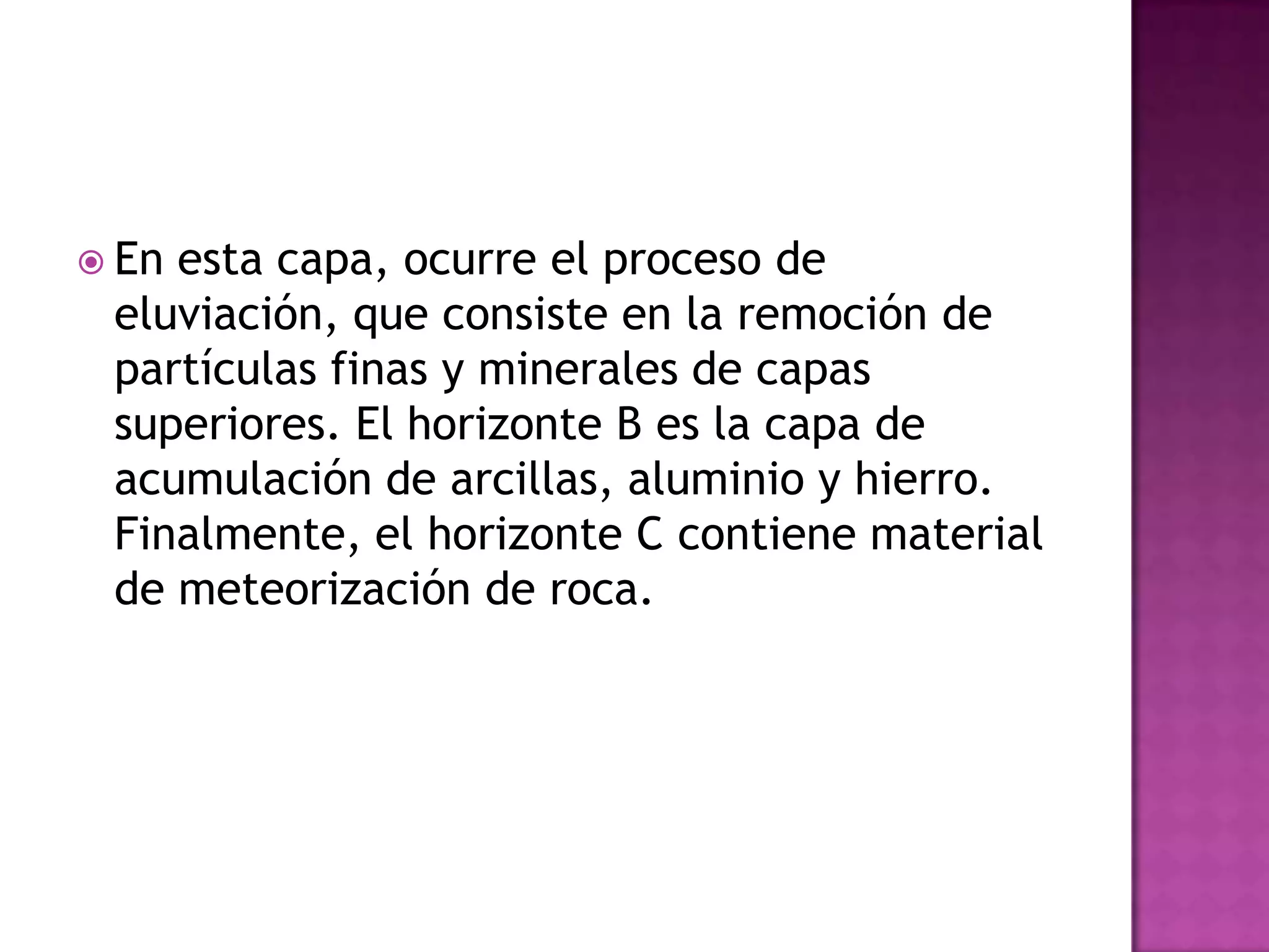 En esta capa, ocurre el proceso de eluviación, que consiste en la remoción de partículas finas y minerales de capas superiores. El horizonte B es la capa de acumulación de arcillas, aluminio y hierro. Finalmente, el horizonte C contiene material de meteorización de roca.