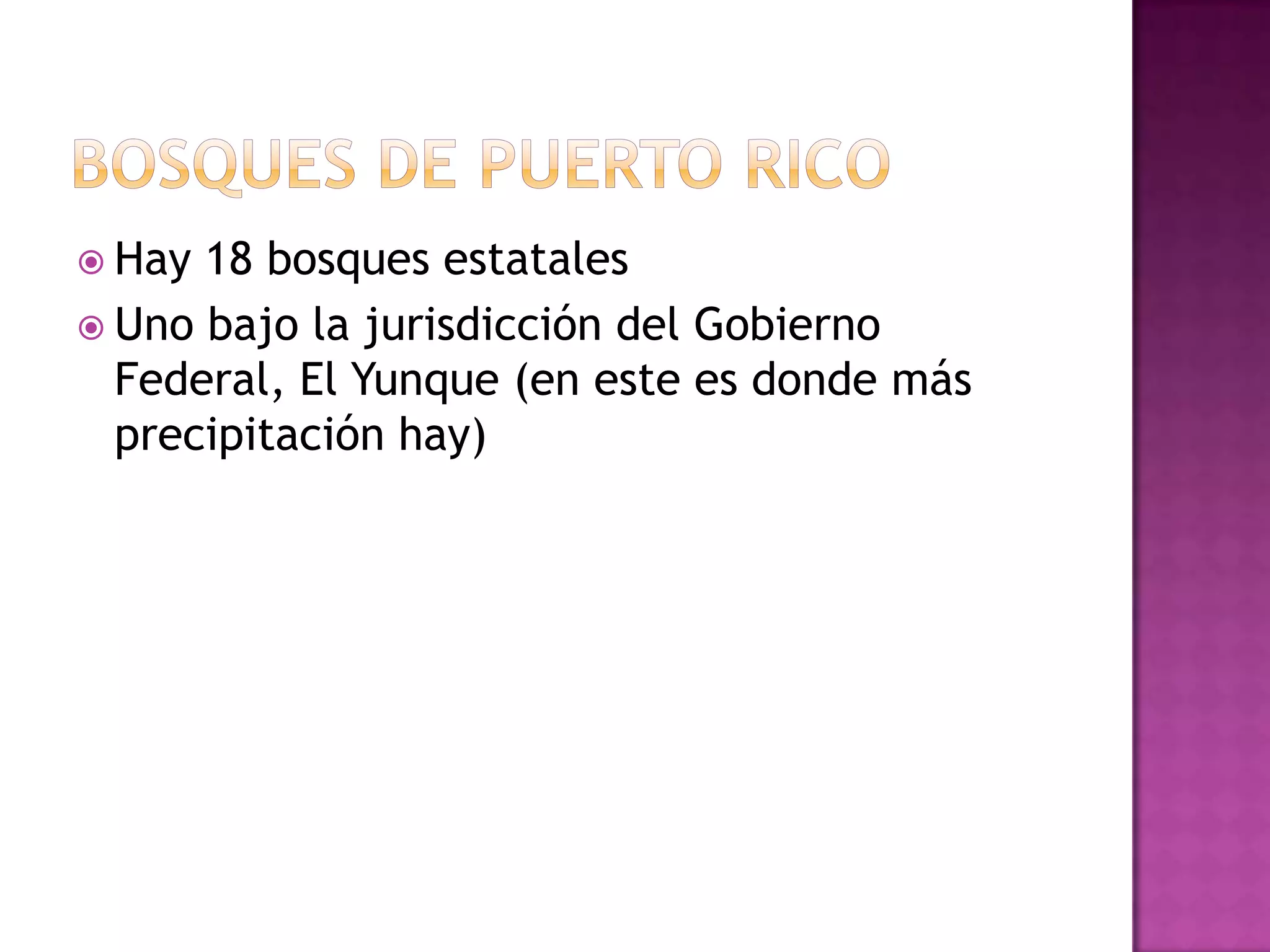 Bosques de Puerto RicoHay 18 bosques estatalesUno bajo la jurisdicción del Gobierno Federal, El Yunque (en este es donde más precipitación hay)
