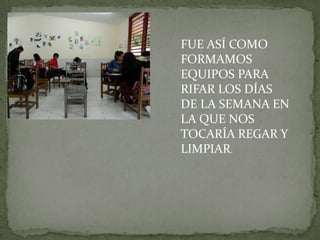 FUE ASÍ COMO
FORMAMOS
EQUIPOS PARA
RIFAR LOS DÍAS
DE LA SEMANA EN
LA QUE NOS
TOCARÍA REGAR Y
LIMPIAR.
 