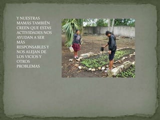 Y NUESTRAS
MAMÁS TAMBIÉN
CREEN QUE ESTAS
ACTIVIDADES NOS
AYUDAN A SER
MÁS
RESPONSABLES Y
NOS ALEJAN DE
LOS VICIOS Y
OTROS
PROBLEMAS
 