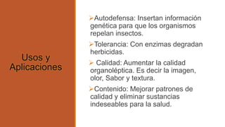 Usos y 
Aplicaciones 
Autodefensa: Insertan información 
genética para que los organismos 
repelan insectos. 
Tolerancia: Con enzimas degradan 
herbicidas. 
 Calidad: Aumentar la calidad 
organoléptica. Es decir la imagen, 
olor, Sabor y textura. 
Contenido: Mejorar patrones de 
calidad y eliminar sustancias 
indeseables para la salud. 
 