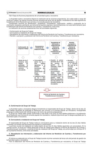 El Peruano / Viernes 22 de junio de 2018 11NORMAS LEGALES
7.2.1 Etapa de Acciones preparatorias de la Autoridad sujeta a revocatoria
La Autoridad sujeta a revocatoria dispone la realización de las acciones preparatorias, las cuales están a cargo del
Grupo de Trabajo y se realizan durante el primer semestre del tercer año de gestión, iniciándose al día hábil siguiente de
la publicación de la Resolución que convoca a la consulta popular de revocatoria.
Comprenden acciones de identiﬁcación, recopilación, consolidación, organización, análisis y evaluación de la
información necesaria y pertinente, así como de los asuntos urgentes y recomendaciones a la nueva administración para
la elaboración del Informe de Rendición de Cuentas y Transferencia, entre otras.
La realización de acciones preparatorias tiene las actividades siguientes:
• Conformación de Grupo de Trabajo.
• Convocatoria e instalación de Grupo de Trabajo.
• Recopilación de información y elaboración del Informe de Rendición de Cuentas y Transferencia por revocatoria.
• Revisión, suscripción y publicación del Informe de Rendición de Cuentas y Transferencia por revocatoria.
A. Conformación de Grupo de Trabajo
La Autoridad sujeta a revocatoria designa formalmente al responsable del Grupo de Trabajo, dentro de los dos (2)
días hábiles siguientes de publicada la Resolución que convoca a la consulta popular de revocatoria, encargándole
proponga la conformación del referido grupo y de inicio a las acciones preparatorias.
El Grupo de Trabajo debe quedar conformado a más tardar a los cinco (5) días hábiles posteriores a la publicación
de la Resolución que convoca la consulta popular de revocatoria, mediante documento que lo designa aprobado por la
Autoridad sujeta a revocatoria.
B. Convocatoria e instalación de Grupo de Trabajo
El responsable del Grupo de Trabajo realiza la convocatoria para su instalación dentro de los dos (2) días hábiles
siguientes a la emisión del documento que aprobó su conformación.
La primera reunión de instalación se realiza dentro de los tres (3) días hábiles siguientes a la convocatoria. En la
referida reunión, el Grupo de Trabajo desarrolla el Plan de Trabajo para elaborar el Informe de Rendición de Cuentas y
Transferencia por revocatoria, y suscribe el Acta de instalación del Grupo de Trabajo, de conformidad con el Anexo N° 2
de la presente Directiva, entre otras actividades.
C. Recopilación de información y elaboración del Informe de Rendición de Cuentas y Transferencia por
revocatoria
El Informe es elaborado por el Grupo de Trabajo durante el primer semestre del tercer año del periodo de gestión de
la Autoridad sujeta a revocatoria.
Para la elaboración del Informe de Rendición de Cuentas y Transferencia por revocatoria, el Grupo de Trabajo
 