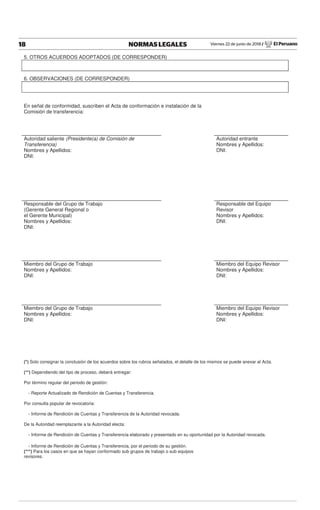 Viernes 22 de junio de 2018 / El Peruano18 NORMAS LEGALES
5. OTROS ACUERDOS ADOPTADOS (DE CORRESPONDER)
6. OBSERVACIONES (DE CORRESPONDER)
En señal de conformidad, suscriben el Acta de conformación e instalación de la
Comisión de transferencia:
Autoridad saliente (Presidente(a) de Comisión de
Transferencia)
Nombres y Apellidos:
DNI:
Autoridad entrante
Nombres y Apellidos:
DNI:
Responsable del Grupo de Trabajo
(Gerente General Regional o
el Gerente Municipal)
Nombres y Apellidos:
DNI:
Responsable del Equipo
Revisor
Nombres y Apellidos:
DNI:
Miembro del Grupo de Trabajo
Nombres y Apellidos:
DNI:
Miembro del Equipo Revisor
Nombres y Apellidos:
DNI:
Miembro del Grupo de Trabajo
Nombres y Apellidos:
DNI:
Miembro del Equipo Revisor
Nombres y Apellidos:
DNI:
(*) Solo consignar la conclusión de los acuerdos sobre los rubros señalados, el detalle de los mismos se puede anexar al Acta.
(**) Dependiendo del tipo de proceso, deberá entregar:
Por término regular del periodo de gestión:
- Reporte Actualizado de Rendición de Cuentas y Transferencia.
Por consulta popular de revocatoria:
- Informe de Rendición de Cuentas y Transferencia de la Autoridad revocada.
De la Autoridad reemplazante a la Autoridad electa:
- Informe de Rendición de Cuentas y Transferencia elaborado y presentado en su oportunidad por la Autoridad revocada.
- Informe de Rendición de Cuentas y Transferencia, por el periodo de su gestión.
(***) Para los casos en que se hayan conformado sub grupos de trabajo o sub equipos
revisores.
 