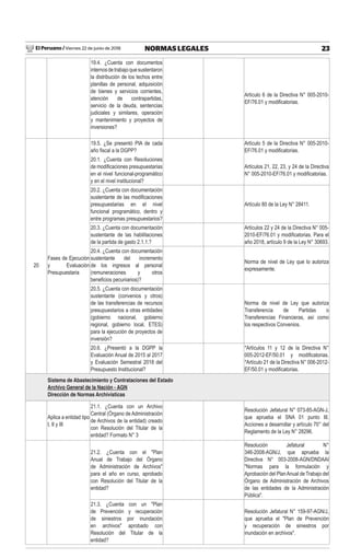El Peruano / Viernes 22 de junio de 2018 23NORMAS LEGALES
19.4. ¿Cuenta con documentos
internosdetrabajoquesustentaron
la distribución de los techos entre
planillas de personal, adquisición
de bienes y servicios corrientes,
atención de contrapartidas,
servicio de la deuda, sentencias
judiciales y similares, operación
y mantenimiento y proyectos de
inversiones?
Artículo 6 de la Directiva N° 005-2010-
EF/76.01 y modiﬁcatorias.
19.5. ¿Se presentó PIA de cada
año ﬁscal a la DGPP?
Artículo 5 de la Directiva N° 005-2010-
EF/76.01 y modiﬁcatorias.
20.1. ¿Cuenta con Resoluciones
de modiﬁcaciones presupuestarias
en el nivel funcional-programático
y en el nivel institucional?
Artículos 21, 22, 23, y 24 de la Directiva
N° 005-2010-EF/76.01 y modiﬁcatorias.
20.2. ¿Cuenta con documentación
sustentante de las modiﬁcaciones
presupuestarias en el nivel
funcional programático, dentro y
entre programas presupuestarios?
Artículo 80 de la Ley N° 28411.
20.3. ¿Cuenta con documentación
sustentante de las habilitaciones
de la partida de gasto 2.1.1.?
Artículos 22 y 24 de la Directiva N° 005-
2010-EF/76.01 y modiﬁcatorias. Para el
año 2018, artículo 9 de la Ley N° 30693.
20
Fases de Ejecución
y Evaluación
Presupuestaria
20.4. ¿Cuenta con documentación
sustentante del incremento
de los ingresos al personal
(remuneraciones y otros
beneﬁcios pecuniarios)?
Norma de nivel de Ley que lo autoriza
expresamente.
20.5. ¿Cuenta con documentación
sustentante (convenios y otros)
de las transferencias de recursos
presupuestarios a otras entidades
(gobierno nacional, gobierno
regional, gobierno local, ETES)
para la ejecución de proyectos de
inversión?
Norma de nivel de Ley que autoriza
Transferencia de Partidas o
Transferencias Financieras, así como
los respectivos Convenios.
20.6. ¿Presentó a la DGPP la
Evaluación Anual de 2015 al 2017
y Evaluación Semestral 2018 del
Presupuesto Institucional?
*Artículos 11 y 12 de la Directiva N°
005-2012-EF/50.01 y modiﬁcatorias.
*Artículo 21 de la Directiva N° 006-2012-
EF/50.01 y modiﬁcatorias.
Sistema de Abastecimiento y Contrataciones del Estado
Archivo General de la Nación - AGN
Dirección de Normas Archivísticas
Aplica a entidad tipo
I, II y III
21.1. ¿Cuenta con un Archivo
Central (Órgano de Administración
de Archivos de la entidad) creado
con Resolución del Titular de la
entidad? Formato N° 3
Resolución Jefatural N° 073-85-AGN-J,
que aprueba el SNA 01 punto III.
Acciones a desarrollar y artículo 70° del
Reglamento de la Ley N° 28296.
21.2. ¿Cuenta con el "Plan
Anual de Trabajo del Órgano
de Administración de Archivos"
para el año en curso, aprobado
con Resolución del Titular de la
entidad?
Resolución Jefatural N°
346-2008-AGN/J, que aprueba la
Directiva N° 003-2008-AGN/DNDAAI
"Normas para la formulación y
Aprobación del PlanAnual de Trabajo del
Órgano de Administración de Archivos
de las entidades de la Administración
Pública".
21.3. ¿Cuenta con un "Plan
de Prevención y recuperación
de siniestros por inundación
en archivos" aprobado con
Resolución del Titular de la
entidad?
Resolución Jefatural N° 159-97-AGN/J,
que aprueba el "Plan de Prevención
y recuperación de siniestros por
inundación en archivos".
 
