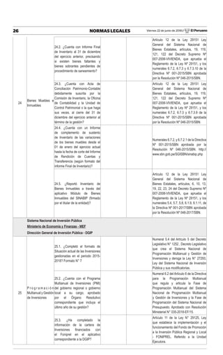Viernes 22 de junio de 2018 / El Peruano26 NORMAS LEGALES
24.2. ¿Cuenta con Informe Final
de Inventario al 31 de diciembre
del ejercicio anterior, precisando
si existen bienes faltantes y
bienes sobrantes pendientes de
procedimiento de saneamiento?
Artículo 12 de la Ley 29151 Ley
General del Sistema Nacional de
Bienes Estatales, artículos, 19, 119,
121, 122 del Decreto Supremo Nº
007-2008-VIVIENDA, que aprueba el
Reglamento de la Ley Nº 29151, y los
numerales 6.7.2, 6.7.3 y 6.7.3.10 de la
Directiva Nº 001-2015/SBN aprobada
por la Resolución Nº 046-2015/SBN.
24
Bienes Muebles e
Inmuebles
24.3. ¿Cuenta con Acta de
Conciliación Patrimonio-Contable
debidamente suscrita por la
Comisión de Inventario, la Oﬁcina
de Contabilidad y la Unidad de
Control Patrimonial o la que haga
sus veces, al cierre del 31 de
diciembre del ejercicio anterior al
término de la gestión?
Artículo 12 de la Ley 29151 Ley
General del Sistema Nacional de
Bienes Estatales, artículos, 19, 119,
121, 122 del Decreto Supremo Nº
007-2008-VIVIENDA, que aprueba el
Reglamento de la Ley Nº 29151, y los
numerales 6.7.2, 6.7.3 y 6.7.3.9 de la
Directiva Nº 001-2015/SBN aprobada
por la Resolución Nº 046-2015/SBN.
24.4. ¿Cuenta con un Informe
de complemento de sustento
de Inventario de las variaciones
de los bienes muebles desde el
01 de enero del ejercicio actual
hasta la fecha de corte del Informe
de Rendición de Cuentas y
Transferencia (según formato del
informe Final de Inventario)?
Numerales 6.7.2, y 6.7.2.1 de la Directiva
Nº 001-2015/SBN aprobada por la
Resolución Nº 046-2015/SBN. http://
www.sbn.gob.pe/SGISBN/sinabip.php
24.5. ¿Reportó Inventario de
Bienes Inmuebles a través del
aplicativo Módulo de Bienes
Inmuebles del SINABIP (ﬁrmado
por el titular de la entidad)?
Artículo 12 de la Ley 29151 Ley
General del Sistema Nacional de
Bienes Estatales, artículos, 6, 10, 13,
19, 22, 23, 24 del Decreto Supremo Nº
007-2008-VIVIENDA, que aprueba el
Reglamento de la Ley Nº 29151, y los
numerales 5.4, 5.7, 5.8, 6.1.9, 6.1.11, de
la Directiva Nº 001-2017/SBN aprobada
por la Resolución Nº 048-2017/SBN.
Sistema Nacional de Inversión Pública
Ministerio de Economía y Finanzas - MEF
Dirección General de Inversión Pública - DGIP
25.1. ¿Completó el formato de
Situación actual de las Inversiones
gestionadas en el periodo 2015-
2018? Formato N° 7
Numeral 5.4 del Artículo 5 del Decreto
Legislativo N° 1252 , Decreto Legislativo
que crea el Sistema Nacional de
Programación Multianual y Gestión de
Inversiones y deroga la Ley N° 27293,
Ley del Sistema Nacional de Inversión
Pública y sus modiﬁcatorias.
25
P r o g r a m a c i ó n
Multianual y Gestión
de Inversiones
25.2. ¿Cuenta con el Programa
Multianual de Inversiones (PMI)
del gobierno regional o gobierno
local a su cargo, aprobado
por el Órgano Resolutivo
correspondiente que incluya el
último año de su gestión?
Numeral 6.2 del Artículo 6 de la Directiva
para la Programación Multianual
que regula y articula la Fase de
Programación Multianual del Sistema
Nacional de Programación Multianual
y Gestión de Inversiones y la Fase de
Programación del Sistema Nacional de
Presupuesto. Aprobado con Resolución
Ministerial N° 035-2018-EF/15.
25.3. ¿Ha completado la
información de la cartera de
Inversiones ﬁnanciados con
el Foniprel en el aplicativo
correspondiente a la DGIP?
Artículo 11 de la Ley N° 29125, Ley
que establece la implementación y el
funcionamiento del Fondo de Promoción
a la Inversión Pública Regional y Local
- FONIPREL. Referido a la Unidad
Ejecutora.
 