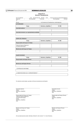 El Peruano / Viernes 22 de junio de 2018 37NORMAS LEGALES
Anexo N° 5
Acta de Transferencia
En la Ciudad de……………….., a los… días del mes de… del año…, a las……..horas se reúne en el local del (Gobierno
Regional / Municipalidad Provincial / Municipalidad Distrital)
de……………………………………………………………………………………………………………………………………..
,
sito en …………………………………………………………la Comisión de Transferencia, conformada por:
AUTORIDADES
Cargo Nombres y Apellidos N° DNI
Autoridad saliente
Autoridad entrante o su representante acreditado
GRUPO DE TRABAJO
Cargo Nombres y Apellidos N° DNI
Responsable del Grupo de Trabajo
(Gerente General Regional o
el Gerente Municipal)
Miembro(s) del Grupo de Trabajo
EQUIPO REVISOR
Cargo Nombres y Apellidos N° DNI
Responsable del Equipo Revisor
Miembro(s) del Equipo Revisor
1. ENTREGA DE INFORME:
2. OBSERVACIONES (DE CORRESPONDER) (*)
En señal de conformidad, suscriben el Acta de transferencia de Gestión:
Autoridad saliente
Cargo:
Nombres y Apellidos:
DNI:
Autoridad entrante
Cargo:
Nombres y Apellidos:
DNI:
Responsable del Grupo de Trabajo
(Gerente General Regional o
el Gerente Municipal)
Cargo:
Nombres y Apellidos:
DNI:
Responsable del Equipo Revisor
Cargo:
Nombres y Apellidos:
DNI:
Miembro del Grupo de Trabajo
Cargo:
Nombres y Apellidos:
DNI:
Miembro del Equipo Revisor
Cargo:
Nombres y Apellidos:
DNI:
(*) Las observaciones están referidas al literal E. del numeral 7.1.2. de la Directiva.
 