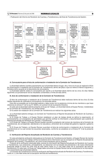 El Peruano / Viernes 22 de junio de 2018 9NORMAS LEGALES
• Publicación del Informe de Rendición de Cuentas y Transferencia y del Acta de Transferencia de Gestión.
A. Convocatoria para el Acto de conformación e instalación de la Comisión de Transferencia
La Autoridad saliente coordina previamente con la Autoridad electa el lugar, día y hora en el que se realizará el Acto
de conformación e instalación de la Comisión de Transferencia; dentro del plazo a que se reﬁere el literal B siguiente, y
formaliza dicho acuerdo en el documento de convocatoria.
La Autoridad saliente realiza la convocatoria por escrito a la Autoridad electa dentro de los cinco (5) días hábiles
siguientes a la proclamación de los resultados consentidos o ﬁrmes de esta última.
B. Acto de conformación e instalación de la Comisión de Transferencia
El Acto de conformación e instalación de la Comisión de Transferencia debe realizarse dentro de los cinco (5) días
hábiles siguientes de notiﬁcada la convocatoria a la Autoridad electa.
Este acto es presidido por la Autoridad saliente y debe contar con la asistencia mínima de los miembros a que hace
referencia el artículo 5° de la Ley N° 30204 y el numeral 6.6 de la presente Directiva.
En este acto la Autoridad saliente presenta al Grupo de Trabajo, y la Autoridad electa al Equipo Revisor, instalándose
así la Comisión de Transferencia, con ambas partes.
En la sesión de instalación de la Comisión de Transferencia se realizan los siguientes actos:
a) La Autoridad saliente entrega a la Comisión de Transferencia el Reporte Actualizado de Rendición de Cuentas y
Transferencia.
b) El Grupo de Trabajo y el Equipo Revisor establecen un plan de trabajo donde se deﬁna la organización, el
funcionamiento y el cronograma de actividades que permita veriﬁcar la información y documentación que sustente el
Reporte Actualizado de Rendición de Cuentas y Transferencia.
c) El Grupo de Trabajo y el Equipo Revisor pueden acordar la ampliación del número de miembros de la Comisión de
Transferencia, de corresponder, atendiendo a la naturaleza y dimensión de la entidad del gobierno regional o gobierno
local.
d) El Grupo de Trabajo y el Equipo Revisor suscriben el Acta de conformación e instalación de la Comisión de
Transferencia en la cual conste los acuerdos alcanzados, conforme se establece en el Anexo N° 3 de la presente
Directiva.
C. Veriﬁcación del Reporte Actualizado de Rendición de Cuentas y Transferencia
En esta actividad de veriﬁcación efectuada por la Comisión de Transferencia de Gestión, el Equipo Revisor de manera
coordinada con el Grupo de Trabajo veriﬁca la existencia de la información que se consignó en el Reporte Actualizado de
Rendición de Cuentas y Transferencia, así como la documentación que lo sustenta.
Producto de la veriﬁcación efectuada debe variarse la información del Reporte Actualizado de Rendición de Cuentas
y Transferencia. Las variaciones, principalmente, se relacionan con la inclusión de precisiones o de nueva información
producida desde la fecha de corte ﬁnal de este último hasta un (1) día hábil antes de la suscripción del Acta de
transferencia. En este caso, el Grupo de Trabajo debe comunicar al Equipo Revisor de las variaciones en la información,
con conocimiento de la Autoridad saliente.
La Comisión de Transferencia culmina la veriﬁcación del ReporteActualizado de Rendición de Cuentas y Transferencia,
hasta un (1) día hábil antes de la suscripción del Acta de transferencia.
 