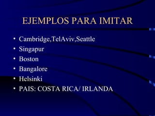 EJEMPLOS PARA IMITAR Cambridge,TelAviv,Seattle Singapur Boston Bangalore Helsinki PAIS: COSTA RICA/ IRLANDA 