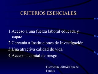CRITERIOS ESENCIALES: 1.Acceso a una fuerza laboral educada y capaz 2.Cercanía a Instituciones de Investigación 3.Una atractiva calidad de vida 4.Acceso a capital de riesgo Fuente:Deloitte&Touche Fantus 