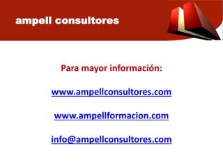 ampell consultores
Para mayor información:
www.ampellconsultores.com
www.ampellformacion.com
info@ampellconsultores.com
 