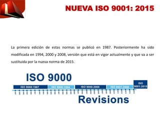 La primera edición de estas normas se publicó en 1987. Posteriormente ha sido
modificada en 1994, 2000 y 2008, versión que está en vigor actualmente y que va a ser
sustituida por la nueva norma de 2015.
NUEVA ISO 9001: 2015
 