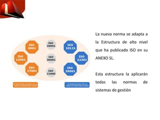 La nueva norma se adapta a
la Estructura de alto nivel
que ha publicado ISO en su
ANEXO SL.
Esta estructura la aplicarán
todas las normas de
sistemas de gestión
 