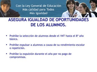 ASEGURA IGUALDAD DE OPORTUNIDADES DE LOS ALUMNOS. Prohíbe la selección de alumnos desde el 1NT hasta el 8º año básico. Prohíbe expulsar a alumnos a causa de su rendimiento escolar o repetición. Prohíbe la expulsión durante el año por no pago de compromisos. 