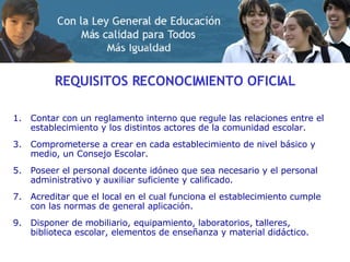 REQUISITOS RECONOCIMIENTO OFICIAL Contar con un reglamento interno que regule las relaciones entre el establecimiento y los distintos actores de la comunidad escolar. Comprometerse a crear en cada establecimiento de nivel básico y medio, un Consejo Escolar. Poseer el personal docente idóneo que sea necesario y el personal administrativo y auxiliar suficiente y calificado. Acreditar que el local en el cual funciona el establecimiento cumple con las normas de general aplicación. Disponer de mobiliario, equipamiento, laboratorios, talleres, biblioteca escolar, elementos de enseñanza y material didáctico. 