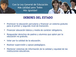 DEBERES DEL ESTADO Promover la educación parvularia y financiar un sistema gratuito para el primer y segundo nivel de transición.  Financiar educación básica y media de carácter obligatoria. Resguardar derechos de padres y alumnos que opten por la educación no gratuita. Velar por la calidad de la educación. Realizar supervisión y apoyo pedagógico.  Mantener sistemas de información de la calidad y equidad de las instituciones educativas. 
