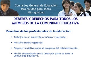 Derechos de los profesionales de la educación  : Trabajar en un ambiente armónico y tolerante.  No sufrir tratos vejatorios. Proponer iniciativas para el progreso del establecimiento. Recibir colaboración en su tarea por parte de toda la Comunidad Educativa . DEBERES Y DERECHOS PARA TODOS LOS MIEMBROS DE LA COMUNIDAD EDUCATIVA 