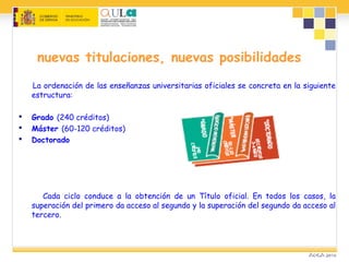 nuevas titulaciones, nuevas posibilidades
La ordenación de las enseñanzas universitarias oficiales se concreta en la siguiente
estructura:
 Grado (240 créditos)
 Máster (60-120 créditos)
 Doctorado
Cada ciclo conduce a la obtención de un Título oficial. En todos los casos, la
superación del primero da acceso al segundo y la superación del segundo da acceso al
tercero.
 