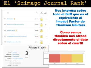 Nos interesa sobre
todo el SJR que es el
equivalente al
Impact Factor de
Thomson Reuters
Como vemos
también nos ofrece
directamente el dato
sobre el cuartil
El ‘Scimago Journal Rank’
 