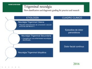 Neuralgia Trigeminal Clásica
• Requiere demostración de compresión vascular
en la raíz del Nervio V.
Neuralgia Trigeminal ...
