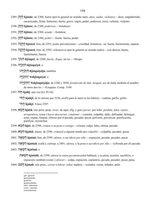 139
2389. קָז ָח kjazác; de 2388; fuerte (por lo general en sentido malo, duro, audaz, violento):—duro, empedernido,
encarnizado, firme, fortísimo, fuerte, grave, impío, poder, poderoso, recio, valiente, violento.
2390. קֵז ָח kjázec; de 2388; poderoso:—fortalecer.
2391. קֶז ֵח kjézec; de 2388; ayuda:—fortaleza.
2392. קֶֹזח kjózec; de 2388; poder:—fuerte, fuerza, poder.
2393. ה ָקְז ֶח kjezcá; fem, de 2391; poder prevaleciente:—crueldad, fortalecer, -se, fuerte, fuertemente, reparar.
2394. ה ָקְז ָח kjozcá; fem. de 2392; vehemencia (por lo general en sentido malo):—con dureza, fuerte,
fuertemente, fuerza.
2395. י ִקְז ִח Kjizquí; de 2388; fuerte; Jizquí, un isr.:—Hizqui.
2396. הָיּ ִקְז ִח Kjizquiyá; o
הוָּיּ ִקְז ִח Kjizquiyáju; también
הָיּ ִקְז ִחְי Yekjizquiyá; o
הוָּיּ ִקְז ִחְי Yekjizquiyáju; de 2388 y 3050; fortalecido de Jah; Jezquiá, rey de Judá, también el nombre
de otros dos isr.:—Ezequías. Comp. 3169.
2397. ח ָח kjakj; una vez (Ez 29.34)
י ִח ָח kjakjí; de lo mismo que 2336; anillo para la nariz (o los labios):—cadena, garfio, grillo.
י ִח ָח kjakjí; Véase 2397.
2398. א ָט ָח kjatá; raíz prim; prop. errar; de aquí, (fig. y gen.) pecar; por infer. pérdida, falta, expiar,
arrepentirse, (caus.) hacer descarriar, condenar:—cometer, culpable, daño, defraudar, delinquir,
errar, expiar, limpiar, ofrecer por el pecado, pecador, pecar, pervertir, prevaricar, purificación,
purificar, reconciliar.
2399. א ְט ֵח kjet; de 2398; crimen o su pena o castigo:—crimen, culpa, falta, ofensa, pecado.
2400. א ָטּ ַח kjattá; intens. de 2398; criminal o alguien tenido por culpable:—culpable, pecador, pecar.
2401. ה ָא ָט ֲח kjataá; fem. de 2399; ofensa, o sacrificio por ella:—expiación, pecado, pecador, pecar.
2402. ה ָא ָטּ ַח kjattaá; (cald.); corresp. a 2401; ofensa, y la pena o sacrificio por ella :—(ofrenda por el) pecado.
2403. ה ָא ָטּ ַח kjattaá; o
את ָטּ ַח kjattáh; de 2398; ofensa (a veces pecaminosidad habitual, y su pena, ocasión, sacrificio, o
expiación; también (concr.) ofensor:—culpa, expiación, expiatorio, pecado, pecador, pecar, pena.
2404. ב ַט ָח kjatab; raíz prim.; cortar o labrar, tallar madera:—cortador, cortar, leñador, pulir.
gen. general
generalmente
genérico
genéricamente.
infer. inferencia
concr. concreto
concretamente