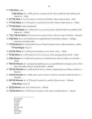 14
29. הָיּ ִב ֲא Abiyá; o prol.
הוָּיּ ִב ֲא Abiyáju; de 1 y 3050; padre (i.e. adorador) de Jah; Abiyá, nombre de varios hombres y dos
mujeres isr.:—Abías.
30. יהוּא ִב ֲא Abijú; de 1 y 1931; padre (i.e. adorador) de Él (Dios); Abijú, un hijo de Aarón:—Abiú.
31. יהוּד ִב ֲא Abijud; de 1 y 1935; padre (i.e. poseedor) de renombre; Abijud, nombre de dos isr.:—Abiud.
32. לִי ַיה ִב ֲא Abijail o (más correctamente)
לִי ַיח ִב ֲא Abikjail; de 1 y 2428; padre (i.e. poseedor) de poder; Abikjail nombre de tres hombres y dos
mujeres isr.:—Abihail.
33. י ִרְז ֶע ָה י ִב ֲא abí jaEzerí; de 44 con el art. ins.; padre de Ezrita; abiezerita o desc. de Abiezer:—abiezerita.
34. יוֹן ְב ֶא ebión; de 14, en el sentido de desear (especialmente en sentimiento); indigente:—mendigo,
menestroso, necesitado, pobre.
35. ה ָיּוֹנ ִב ֲא abiyoná; de 14; provocador de deseo; la baya de alcaparra (por su sabor estimulante):—apetito.
לִי ַיח ִב ֲא Abikjail. Véase 32.
36. יטוּב ִב ֲא Abitub; de 1 y 2898; padre de bondad (i.e. bien); Abitub, un isr.:—Abitob.
37. ל ַיט ִב ֲא Abital, de 1 y 2919; padre de rocío (i.e. frescura); Abital, una esposa del rey David:—Abital.
38. םָיּ ִב ֲא Abiyam; de 1 y 3220; padre de (el) mar (i.e. hombre de mar); Abiyam (o Abiá), un rey de Judá:—
Abiam.
39. ל ֵא ָימ ִב ֲא Abimael; de 1 y de alguna otra palabra que no se usa (probablemente extranjera); padre de Mael
(apar. tribu árabe); Abimael, un hijo de Joktan:—Abimael.
40. ְך ֶל ֶימ ִב ֲא Abimélek; de 1 y 4428; padre de (el) rey; Abimelec, nombre de dos reyes filisteos y de dos isr.:—
Abimelec.
41. ב ָד ָינ ִב ֲא Abinadab; de 1 y 5068; padre de generosidad (i.e. dadivoso); Abinadab, nombre de cuatro isr.:—
Abinadad.
42. ם ַֹעני ִב ֲא Abinoam; de 1 y 5278; padre de agrado (i.e. amable); Abinoam, un isr.:—Abinoam.
ר ֵינ ִב ֲא Abiner. Véase 74.
43. ף ָסָי ְב ֶא Ebiasaf; contr. de 23; Ebiasaf, un isr.:—Ebiasaf.
44. ֶיע ִב ֲארֶז Abiezer; de 1 y 5829; padre de ayuda (i.e. útil); Abiezer, nombre de dos isr. :—Abiezer.
prol. prolongado
prolongación
art. artículo
ins. inserto
insertado
inserción
desc. descendido
descenso
descendiente.
contr. contracto
contracción