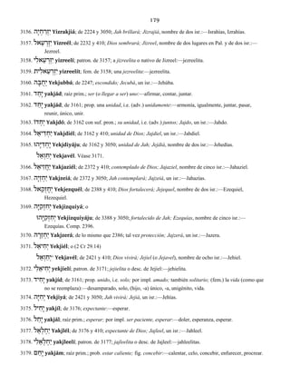 179
3156. הָי ְח ַרְזִי Yizrakjiá; de 2224 y 3050; Jah brillará; Jizrajiá, nombre de dos isr.:—Israhías, Izrahías.
3157. אל ֵע ְרְזִי Yizreél; de 2232 y 410; Dios sembrará; Jizreel, nombre de dos lugares en Pal. y de dos isr.:—
Jezreel.
3158. י ִאל ֵע ְרְזִי yizreelí; patron. de 3157; a jizreelita o nativo de Jizreel:—jezreelita.
3159. ית ִאל ֵע ְרְזִי yizreelít; fem. de 3158; una jezreelita:—jezreelita.
3160. ה ָבּ ֻחְי Yekjubbá; de 2247; escondido; Jecubá, un isr.:—Jehúba.
3161. ד ַחָי yakjád; raíz prim.; ser (o llegar a ser) uno:—afirmar, contar, juntar.
3162. ד ַחָי yakjád; de 3161; prop. una unidad, i.e. (adv.) unidamente:—armonía, igualmente, juntar, pasar,
reunir, único, unir.
3163. דוֹ ְחֽי Yakjdó; de 3162 con suf. pron.; su unidad, i.e. (adv.) juntos; Jajdo, un isr.:—Jahdo.
3164. ל ֵיא ִדּ ְחַי Yakjdiél; de 3162 y 410; unidad de Dios; Jajdiel, un isr.:—Jahdiel.
3165. הוָּיּ ִדּ ְחֶי Yekjdiyáju; de 3162 y 3050; unidad de Jah; Jejdiá, nombre de dos isr.:—Jehedías.
ל ֵא ְו ַחְי Yekjavél. Véase 3171.
3166. ל ֵיאִז ֲחַי Yakjaziél; de 2372 y 410; contemplado de Dios; Jajaziel, nombre de cinco isr.:—Jahaziel.
3167. הָיְז ְחַי Yakjzeiá; de 2372 y 3050; Jah contemplará; Jajzeiá, un isr.:—Jahazías.
3168. אל ֵקְז ֶחְי Yekjezquél; de 2388 y 410; Dios fortalecerá; Jejequel, nombre de dos isr.:—Ezequiel,
Hezequiel.
3169. הָיּ ִקְז ִחְי Yekjizquiyá; o
הוָּיּ ִקְז ִחְי Yekjizquiyáju; de 3388 y 3050; fortalecido de Jah; Ezequías, nombre de cinco isr.:—
Ezequías. Comp. 2396.
3170. ֵז ְחַיה ָר Yakjzerá; de lo mismo que 2386; tal vez protección; Jajzerá, un isr.:—Jazera.
3171. ל ֵיא ִחְי Yekjiél; o (2 Cr 29.14)
ל ֵא ְו ַחְי° Yekjavél; de 2421 y 410; Dios vivirá; Jejiel (o Jejavel), nombre de ocho isr.:—Jehiel.
3172. י ִל ֵיא ִחְי yekjielí; patron. de 3171; jejielita o desc. de Jejiel:—jehielita.
3173. יד ִחָי yakjíd; de 3161; prop. unido, i.e. solo; por impl. amado; también solitario; (fem.) la vida (como que
no se reemplaza):—desamparado, solo, (hijo, -a) único, -a, unigénito, vida.
3174. הָיּ ִחְי Yekjiyá; de 2421 y 3050; Jah vivirá; Jejiá, un isr.:—Jehías.
3175. יל ִחָי yakjíl; de 3176; expectante:—esperar.
3176. ל ַחָי yakjál; raíz prim.; esperar; por impl. ser paciente, esperar:—doler, esperanza, esperar.
3177. ל ֵא ְל ְחַי Yakjlél; de 3176 y 410; expectante de Dios; Jajleel, un isr.:—Jahleel.
3178. י ִל ֵא ְל ְחַי yakjleelí; patron. de 3177; jajleelita o desc. de Jajleel:—jahleelitas.
3179. ם ַחָי yakjám; raíz prim.; prob. estar caliente; fig. concebir:—calentar, celo, concebir, enfurecer, procrear.