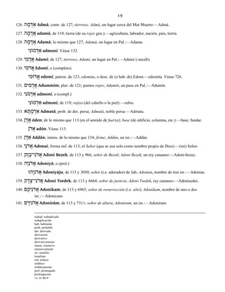 19
126. ה ָמ ְד ַא Admá; contr. de 127; tierroso; Admá, un lugar cerca del Mar Muerto:—Admá.
127. ה ָמ ָד ֲא adamá; de 119; tierra (de su rojez gen.):—agricultura, labrador, nación, país, tierra.
128. ה ָמ ָד ֲא Adamá; lo mismo que 127; Adamá, un lugar en Pal.:—Adama.
י ִמוֹנ ְד ַא admoní. Véase 132.
129. י ִמ ָד ֲא Adamí; de 127; tierroso; Adamí, un lugar en Pal.:—Adami (-neceb).
130. י ִֹמד ֱא Edomí; o (completo)
י ִדוֹמ ֱא edomí; patron. de 123; edomita, o desc. de (o hab. de) Edom:—edomita. Véase 726.
131. ים ִמּ ֻד ֲא Adummím; plur. de 121; puntos rojos; Adumín, un paso en Pal.:—Adumín.
132. י ִֹנמ ְד ַא admoní; o (compl.)
י ִמוֹנ ְד ַא admoní; de 119; rojizo (del cabello o la piel):—rubio.
133. א ָת ָמ ְד ַא Admatá; prob. de der. persa; Admatá, noble persa:—Admata.
134. ן ֶד ֶא éden; de lo mismo que 113 (en el sentido de fuerza); base (de edificio, columna, etc.):—base, fundar.
ֹןד ָא adón. Véase 113.
135. ן ָדּ ַא Addán; intens. de lo mismo que 134; firme; Addán, un isr.:—Addán.
136. יָֹנד ֲא Adonai; forma enf. de 113; el Señor (que se usa solo como nombre propio de Dios):—(mi) Señor.
137. קֶז ֶי־ב ִֹנד ֲא Adoni Bezek; de 113 y 966; señor de Bezek; Adoni Bezek; un rey cananeo:—Adoni-bezec.
138. הָיּ ִֹנד ֲא Adoniyá; o (prol.)
הוָּיּ ִֹנד ֲא Adoniyáju; de 113 y 3050; señor (i.e. adorador) de Jah; Adonías, nombre de tres isr.:—Adonías.
139. ק ֶד ֶי־צ ִֹנד ֲא Adoni Tsedek; de 113 y 6664; señor de justicia; Adoni Tsedek, rey cananeo:—Adonisedec.
140. ם ָיק ִֹנד ֲא Adonikam; de 113 y 6965; señor de resurrección (i.e. alto); Adonikam, nombre de uno o dos
isr.:—Adonicam.
141. ם ָיר ִֹנד ֲא Adonirám; de 113 y 7311; señor de altura; Adoniram, un isr.:—Adoniram.
redupl. reduplicado
reduplicación
hab. habitante
prob. probable
der. derivado
derivación
derivativo
derivativamente
intens. intensivo
intensivamente
isr. israelita
israelitas
enf. énfasis
enfático
enfáticamente
prol. prolongado
prolongación
i.e. es decir