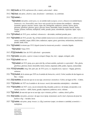 196
3511. ב ֵא ְכּ keéb; de 3510; sufrimiento (fis. o ment.), adversidad:—dolor.
3512. ה ָא ָכּ kaá; raíz prim.; abatirse; caus. desalentar:—entristecer, -se, contristar.
3513. ד ַב ָכּ kabád; o
ד ֵב ָכּ kabéd; raíz prim.; sentir peso, i.e. en sentido malo (cargoso, severo, obtuso) o en sentido bueno
(numeroso, rico, honorable); caus. hacer más pesado (en los mismos dos sentidos):—abrumar,
acumular, agravar, arreciar, causar, cegar, dar, distinguido, endurecer, estimar, fuerza, gloria,
gloriarse, glorificar, glorioso, grave, gravoso, honor, honorable, honra, honrado, honrar, ilustre,
insigne, jactarse, molestia, multiplicar, noble, pesado, pesar, renombrado, riquísimo, tapar, vejez,
venerar.
3514. ד ֶֹבכּ kóbed; de 3513; peso, multitud, vehemencia:—devorador, multitud, pesada, peso.
3515. ד ֵב ָכּ kabéd; de 3513; pesado; fig. en buen sentido (numeroso) o en sentido malo (severo, difícil, necio):—
cansar, cantidad, cargar, difícil, duro, endurecer, espeso, grave, gravísima, molestísima, muchísimo,
pesado, tardo, triste.
3516. ד ֵב ָכּ kabéd; lo mismo que 3515; hígado (como la víscera más pesada):—corazón, hígado.
ֹדב ָכּ kabód. Véase 3519.
3517. ת ֻד ֵב ְכּ kebedút; fem. de 3515; dificultad:—gravemente.
3518. ָכּה ָב kabá; raíz prim.; expirar o (caus.) extinguir (fuego, luz, ira):—apagar, extinguir, salir.
3519. בוֹד ָכּ kabód; rara vez
ֹדב ָכּ kabód; de 3513; prop. peso, pero solo fig. en buen sentido, esplendor o copiosidad:—flor, gloria,
glorificar, glorioso, honor, honorable, honra, honrar, majestad, noble, poder, riqueza, suntuosidad.
3520. ה ָבוּדּ ְכּ kebuddá; irreg. fem. part. pas. de 3513; peso, i.e. magnificencia, riqueza:—bagaje, glorioso,
suntuoso.
3521. בוּל ָכּ Kabúl; de lo mismo que 3525 en el sentido de limitación; estéril; Cabul, nombre de dos lugares en
Pal.:—Cabul.
3522. בּוֹן ַכּ Kabbón; de una raíz que no se usa sign. amontonar; montañoso; Cabón, un lugar en Pal.:—Cabón.
3523. יר ִב ְכּ Kebír; de 3527 en el sentido or. de trenzar; matriz (de materiales entretejidos):—almohada.
3524. יר ִבּ ַכּ kabbír; de 3527; vasto, sea en extención (fig. de poder, poderoso; de tiempo, envejecido), o en
número, muchos:—débil, fuerte, grande, impetuoso, poderoso, recio, valiente.
3525. ל ֶב ֶכּ kébel; de una raíz que no se usa sign. tejer o trenzar; grillete:—cadena, cárcel, grillos.
3526. ס ַב ָכּ kabás; raíz prim.; pisotear; de aquí, lavar (prop. al pisotear), sea lit. (incl. el proceso de pisar los
fuelles) o fig.:—lavador, lavar.
3527. ר ַב ָכּ kabár; raíz prim.; prop. trenzar, i.e. (fig.) aumentar (espec. en número o cantidad, acumular):—
multiplicar.
ment. mental
mentalmente.
irreg. irregular
irregularmente