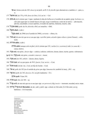 22
‫ו‬ ַ‫א‬ av; forma corta de 185; deseo (y así prob. en Pr 31.4); de allí, (por alternativa) o, también si:—pero, o,
si.
177. ‫ל‬ ֵ‫אוּא‬ Uel; de 176 y 410; deseo de Dios; Uel, un isr.:—Uel.
178. ‫אוֹב‬ ob; de lo mismo que 1 (apar. mediante la idea de balbucear el nombre de un padre); prop. borboteo, i.e.
odre para agua (por su sonido hueco); de aquí, mago (ventrílocuo, como de un tarro):— adivinación,
adivino, encantador, evocar espirítus, evocador de espíritus, fantasma, muerto, odre.
179. ‫יל‬ ִ‫אוֹב‬ Obil; prob. de 56; dolorido; Obil, un ismaelita:—Obil.
180. ‫ל‬ ָ‫אוּב‬ ubal; o (abr.)
‫ל‬ ָ‫ב‬ ֻ‫א‬ ubál; de 2986 (en el sentido de 2988), corriente:—ribera, río.
181. ‫אוּד‬ ud; de una raíz que no se usa que sign. rastrillar junto; atizador (para voltear o juntar brasas):—cabo,
tizón.
182. ‫אוֹדוֹת‬ odót; o (abr.)
‫ֹדוֹת‬‫א‬ odót (aunque solo en plur.); de lo mismo que 181; vueltas (i.e. ocasiones); (adv.) a causa de:—
causa, motivo.
183. ‫ה‬ ָ‫ו‬ ָ‫א‬ avá; raíz prim.; desear algo:—codicia, codiciar, codicioso, desear, deseo, incitar, querer, vehemencia.
[p 4] 184. ‫ה‬ ָ‫ו‬ ָ‫א‬ avá; raíz prim.; extender o marcar:—trazar.
185. ָ‫וּ‬ ַ‫א‬‫ה‬ avá; de 183; anhelo:—desear, deseo, lujuria.
186. ‫י‬ַ‫אוּז‬ Uzái; tal vez por perm. de 5813, fuerte; Uzai, un isr.:—Uzai.
187. ‫ל‬ָ‫אוּז‬ Uzál; de der. inc.; Uzal, un hijo de Joctán:—Uzal.
188. ‫אוֹי‬ oi; prob. de 183 (en el sentido de gritar por algo; lamentación; también la interj. ¡Oh!:—ay.
189. ‫י‬ ִ‫ו‬ ֱ‫א‬ Eví; prob. de 183; deseoso; Eví, un jefe madianita:—Evi.
‫ב‬ֵ‫אוֹי‬ oyeb. Véase 341.
190. ‫ה‬ָ‫אוֹי‬ oyá; fem. de 188:—ay.
191. ‫יל‬ ִ‫ו‬ ֱ‫א‬ evíl; de una raíz que no se usa (que sign. ser perverso); (fig.) necio:—insensato, necedad, necio, torpe.
192. ‫ְך‬ ַ‫ֹד‬‫ר‬ ְ‫מ‬ ‫יל‬ ִ‫ו‬ ֶ‫א‬ Evil Merodak; de der. cald. y prob. sign. soldado de Merodak; Evil Merodak, un rey
babilonio:—Evil-merodac.
constructivo
constructivamente
prop. propiamente
abr. abreviado,
abreviatura
adv. adverbio
adverbial
adverbialmente
perm. permuta (cambio de
letras adyacentes)
interj. interjección
 