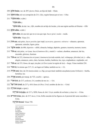 24
209. ן ָאוֹנ Onán; var. de 207; fuerte; Onán, un hijo de Judá:—Onán.
210. ז ָאוּפ Ufáz; tal vez corrupción de 211; Ufaz, región famosa por el oro:—Ufaz.
211. יר ִאוֹפ Ofir; o (abr.)
ִֹפאיר Ofir y
ר ִאוֹפ Ofir; de der. inc.; Ofir, nombre de un hijo de Joctán, y de una región aurífera al Oriente:—Ofir
212. ן ָאוֹפ ofán; o (abr.)
ן ָֹפא ofán; de una raíz que no se usa que sign. hacer girar; rueda:—rueda.
ר ִאוֹפ Ofir. Véase 211.
213. אוּץ uts; raíz prim.; hacer presión; (por impl.) acercarse, apurarse, retirarse:—afanarse, apremiar,
apresurar, estrecho, ligero, prisa.
214. ר ָאוֹצ otsár; de 686; depósito:—alfolí, almacén, bodega, depósito, granero, tesorería, tesorero, tesoro.
215. אוֹר or; raíz prim.; ser (caus. hacer) luminoso (lit. y metaf.):—aclarar, alumbrar, amanecer, dar luz,
encender, glorioso, iluminar.
216. אוֹר or; de 215; iluminación or (concr.) luminaria (en todo sentido, incl. relámpago, felicidad, etc.):—alba,
alegría, amanecer, astro, claro, luciente, lumbre, lumbrera, luz, rayo, resplandecer, resplandor, sol.
217. אוּר ur; de 215; llama, de aquí, (en plur.) el Este (como la región de luz):—fuego. Véase también 224.
218. אוּר Ur; lo mismo que 217; Ur, un lugar en Caldea; también un isr.:—Ur.
219. ה ָאוֹר orá; fem. de 216 luminosidad, i.e. (fig.) prosperidad; también una planta (como brillante):—hierba,
hortaliza, luz.
220. ה ָר ֵו ֲא averá; por transp. de 723; establo:—aprisco.
221. י ִאוּר Urí; de 217; ardiente; Uri, nombre de tres isr. :—Uri.
222. ל ֵיא ִאוּר Uriel; de 217 y 410; llama de Dios; Uriel, nombre de dos isr.:—Uriel.
223. הָיּ ִאוּר Uriyá; o (prol.)
הוָּיּ ִאוּר Uriyáju; de 217 y 3050; llama de Jah; Uriyá, nombre de un heteo y cinco isr.:—Urías.
224. ים ִאוּר Urim; plur. de 217; luces; Urim, brillo oracular de las figuras en el pectoral del sumo sacerdote.:—
Urim.
ה ָנ ְאוֹר Orená. Véase 728.
caus. causativo
causativamente
lit. literal
literalmente
metaf. metafórico
metafóricamente
incl. inclusivo
incluyente
inclusivamente
transp. transpuesto
transposición