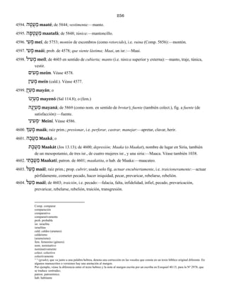 256
4594. ה ֶט ֲע ַמ maaté; de 5844; vestimenta:—manto.
4595. ה ָפ ָט ֲע ַמ maatafá; de 5848; túnica:—mantoncillo.
4596. י ִע ְמ meí; de 5753; montón de escombros (como retorcido), i.e. ruina (Comp. 5856):—montón.
4597. י ַע ָמ maái; prob. de 4578; que siente lástima; Maai, un isr.:—Maai.
4598. יל ִע ְמ meíl; de 4603 en sentido de cubierta; manto (i.e. túnica superior y externa):—manto, traje, túnica,
vestir.
ים ִע ֵמ meím. Véase 4578.
ין ִע ְמ meín (cald.). Véase 4577.
4599. ןָי ְע ַמ mayán; o
נוְֹי ְע ַמ mayenó (Sal 114.8); o (fem.)
ה ָנָי ְע ַמ mayaná; de 5869 (como nom. en sentido de brotar); fuente (también colect.), fig. a fuente (de
satisfacción):—fuente.
יִינ ִע ְמ° Meiní. Véase 4586.
4600. ְך ַע ָמ maák; raíz prim.; presionar, i.e. perforar, castrar, manejar:—apretar, clavar, herir.
4601. ה ָכ ֲע ַמ Maaká; o
ת ָכ ֲע ַמ Maakát (Jos 13.13); de 4600; depresión; Maaka (o Maakat), nombre de lugar en Siria, también
de un mesopotamio, de tres isr., de cuatro mujeres isr., y una siria:—Maaca. Véase también 1038.
4602. י ִת ָכ ֲע ַמ Maakatí; patron. de 4601; maakatita, o hab. de Maaka:—maacateo.
4603. ל ַע ָמ maál; raíz prim.; prop. cubrir; usada solo fig. actuar encubiertamente, i.e. traicioneramente:—actuar
pérfidamente, cometer pecado, hacer iniquidad, pecar, prevaricar, rebelarse, rebelión.
4604. ל ַע ַמ maál; de 4603; traición, i.e. pecado:—falacia, falta, infidelidad, infiel, pecado, prevaricación,
prevaricar, rebelarse, rebelión, traición, transgresión.
Comp. comparar
comparación
comparativo
comparativamente
prob. probable
isr. israelita
israelitas
cald. caldeo (arameo)
caldeísmo
(arameísmo)
fem. femenino (género)
nom. nominativo
nominativamente
colect. colectivo
colectivamente
° ° (grado), que va junto a una palabra hebrea, denota una corrección en las vocales que consta en un texto bíblico original diferente. En
algunos manuscritos o versiones hay una anotación al margen.
Por ejemplo, véase la diferencia entre el texto hebreo y la nota al margen escrita por un escriba en Ezequiel 40:15, para la Nº 2978, que
se traduce «entrada».
patron. patronímico.
hab. habitante