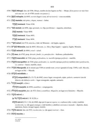 263
4709. ‫ה‬ ָ‫פּ‬ ְ‫צ‬ ִ‫מ‬ Mitspá; fem. de 4708; Mitspa, nombre de dos lugares en Pal.:—Mizpa. [Esto parece ser más bien
solo una var. ort, de 4708 cuando «en pausa».]
4710. ‫ן‬ ֻ‫פּ‬ ְ‫צ‬ ִ‫מ‬ mitspún; de 6845; secreto (lugar o cosa, tal vez tesoro):—cosa escondida.
4711. ‫ץ‬ ַ‫צ‬ ָ‫מ‬ matsáts; raíz prim.; chupar, mamar:—beber.
‫ה‬ ָ‫ק‬ ָ‫צ‬ ֻ‫מ‬ mutsacá. Véase 4166.
4712. ‫ר‬ ַ‫צ‬ ֵ‫מ‬ metsár; de 6896; algo apretado, i.e. (fig.) problemas:—angustia, estrechura.
‫ק‬ ֻ‫צ‬ ָ‫מ‬ matsúc. Véase 4690.
‫ה‬ ָ‫ק‬ ֻ‫צ‬ ְ‫מ‬ metsucá. Véase 4691.
‫ה‬ ָ‫ר‬ ֻ‫צ‬ ְ‫מ‬ metsurá. Véase 4694.
4713. ‫י‬ ִ‫ר‬ ְ‫צ‬ ִ‫מ‬ mitsrí; de 4714; mitsrita, o hab. de Mitsraim:—de Egipto, egipcio.
4714. ‫ם‬ִ‫י‬ ַ‫ר‬ ְ‫צ‬ ִ‫מ‬ Mitsraim; dual de 4693; Mitsraim, i.e. Alto y Bajo Egipto:—egipcio, Egipto, Mizraim.
4715. ‫ף‬ ֵ‫ר‬ ְ‫צ‬ ִ‫מ‬ mitsréf; de 6884; crisol:—crisol.
4716. ‫ק‬ ַ‫מ‬ mac; de 4743; prop. derretir, fundir, i.e. putrefacción:—hedionez, pobredumbre.
4717. ‫ה‬ ָ‫ב‬ ָ‫קּ‬ ַ‫מ‬ maccabá; de 5344; prop. perforadora, i.e. martillo (porque perfora):—martillo.
4718. ‫ת‬ ֶ‫ב‬ ֶ‫קּ‬ ַ‫מ‬ macquébet; de 5344; prop. perforador, i.e. martillo (porque perfora); también (intr.) perforación,
i.e. cantera:—hueco, martillo, mazo.
4719. ‫ה‬ ָ‫ד‬ ֵ‫קּ‬ ַ‫מ‬ Macquedá; de lo mismo que 5348 en sentido nom. arrear (ganado) (Comp. 5349); redil; Maceda,
un lugar en Pal.:—Maceda.
4720. ‫שׁ‬ ָ‫דּ‬ ְ‫ק‬ ִ‫מ‬ micddásh; o
‫שׁ‬ ָ‫ד‬ ְ‫קּ‬ ִ‫מ‬ miquedásh (Éx 15.17); de 6942; cosa o lugar consagrado, espec. palacio, santuario (sea de
Jehová o de ídolos) o asilo:—lugar consagrado, sagrado, santuario.
4721. ‫ל‬ ֵ‫ה‬ ְ‫ק‬ ַ‫מ‬ macjél; o (fem.)
‫ה‬ ָ‫ל‬ ֵ‫ה‬ ְ‫ק‬ ַ‫מ‬ macjelá; de 6950; asamblea:—congregación.
4722. ‫לת‬ ֵ‫ה‬ ְ‫ק‬ ַ‫מ‬ macjelót; plur. de 4721 (fem.); asambleas; Maquelot, un lugar en el desierto:—Macelot.
4723. ‫ה‬ ֶ‫ו‬ ְ‫ק‬ ִ‫מ‬ micvé; o
[p 79] ‫ה‬ ֵ‫ו‬ ְ‫ק‬ ִ‫מ‬ micvé (1 R 10.28); o
‫א‬ ֵ‫ו‬ ְ‫ק‬ ִ‫מ‬ micvé (2 Cr 1.16); de 6960; algo por lo que se espera, i.e. confianza (obj. o subj.); también
recolección, i.e. (de agua) estanque, o (de hombre y caballos) caravana o manada:—depósito, durar,
esperanza, lienzo, recoger (agua), reunión.
4724. ‫ה‬ ָ‫ו‬ ְ‫ק‬ ִ‫מ‬ micvá; fem. de 4723; recolección, i.e. (de agua) reservar:—foso.
4725. ‫קוֹם‬ ָ‫מ‬ macóm; o
var. varios
variación
 