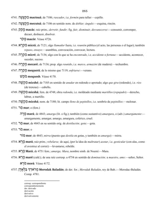 265
4741. ה ָע ֻצ ְק ַמ mactsuá; de 7106; rascador, i.e. formón para tallar:—cepillo.
4742. ה ָע ְצ ֻק ְמ mecutsá; de 7106 en sentido nom. de doblar; ángulo:—esquina, rincón.
4743. ק ַק ָמ macác; raíz prim.; derretir, fundir; fig. fuir, disminuir, desvanecerse:—consumir, corromper,
decaer, deshacer, disolver.
ֹרק ָמ macór. Véase 4726.
4744. א ָר ְק ִמ micrá; de 7121; algo llamador fuera, i.e. reunión pública (el acto, las personas o el lugar); también
repaso, ensayo:—asamblea, convocación, convocar, lectura.
4745. ה ֶר ְק ִמ micré; de 7136; algo con lo que se ha encontrado, i.e. accidente o fortuna:—accidente, acontecer,
suceder, suceso.
4746. ה ֶר ָק ְמ mecaré; de 7136; prop. algo reunido, i.e. marco, armazón (de madera):—techumbre.
4747. ה ָר ֵק ְמ mequerá; de lo mismo que 7119; enfriarse:—verano.
שׁ ֵֹקמ moquesh. Véase 4170.
4748. ה ֶשׁ ְק ִמ micshé; de 7185 en sentido de anudar en redondo o apretado; algo que gira (redondo), i.e. rizo
(de trenzas):—cabello.
4749. ה ָשׁ ְק ִמ micshá; fem. de 4748; obra redonda, i.e. moldeado mediante martilleo (repujado):—derecho,
labrar, a martillo.
4750. ה ָשׁ ְק ִמ micshá; nom. de 7180; lit. campo lleno de pepinillos, i.e. sembrío de pepinillos:—melonar.
4751. ר ַמ mar; o (fem.)
ה ָר ָמ mará; de 4843; amarga (lit. o fig.); también (como sustantivo) amargura, o (adv.) amargamente:—
amargamente, amargar, amargo, amargura, colérico, cruel.
4752. ר ַמ mar; de 4843 en su sentido orig. de destilación; gota:—gota.
4753. ֹרמ mor; o
מוֹר mor; de 4843; mirra (puesto que destila en gotas, y también es amarga):—mirra.
4754. א ָר ָמ mará; raíz prim.; rebelarse; de aquí, (por la idea de maltratar) azotar, i.e. gesticular (con alas, como
el avestruz al correr):—levantarse, rebelde.
4755. א ָר ָמ Mará; de 4751 fem.; amarga; Mara, nombre simb. de Noemí:—Mara.
4756. א ֵר ָמ maré (cald.); de una raíz corresp. a 4754 en sentido de dominación; a maestro, amo:—señor, Señor.
א ָֹרמ morá. Véase 4172.
4757. ן ָד ָא ְל ַבּ ְך ַאדֹ ר ְמ Merodak Baladán; de der. for.; Merodak Baladán, rey de Bab.:—Merodac-Baladán.
Comp. 4781.
corresp. correspondiente
correspondientemente
der. derivado
derivación
derivativo
derivativamente