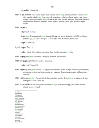 354
ֻתדְפּ pedút. Véase 6304.
6310. ֶהפּ pe; de 6284; boca (como medio para soplar), sea lit. o fig. (particularmente habla); espec.
filo, porción o lado; adv. (con prep.) de acuerdo a:—abertura, boca, borde, cara, charla,
comer, conforme a,cuello, decir, dicho, de dos filos, entrada, extremo, filo, habla, jactarse,
mandamiento, mandar, mandato, orden, palabra, paladar, parte, pico, porción, según,
rivera.
6311. פֹּה po; o
פֹּא po (Job 38.11); o
פּוֹ po; prob. de una partícula prim. inseparable פּ p (de fuerza demonstr.) y 1931; este lugar
(francés içi), i.e. aquí o de aquí:—a cada lado, aquí, de un lado, hasta aquí.
פּוֹא po. Véase 375.
6312. ה ָפּוּא Puá; o
ָהוֻּפּ Puvvá; de 6284; ráfaga, explosión; Púa, nombre de dos isr.:—Pua.
6313. פּוּג pug; raíz prim.; ser lento:—afligirse, debilitar, sin descanso.
6314. ָהגפּוּ pugá; de 6313; intermedio:—descansar.
ָהוֻּפּ Puvvá. Véase 6312.
6315. ַחפּוּ púakj; raíz prim.; soplar, i.e. soplido con el aliento o aire; de aquí, abanicar (como brisa),
pronunciar, avivar (un fuego), mofarse:—apuntar, despreciar, encender, hablar, soplar,
suspirar.
6316. פּוּט Put; de orig. for.; Put, un hijo de Cam, también nombre de su desc. o su región, y de una
tribu persa:—Fut, Libia, Put.
6317. ֵלאִיטפּוּ Putiél; de una raíz que no se usa (prob. sign. menospreciar) y 410; desdén de Dios;
Putiel, un isr.:—Futiel.
lit. literal
literalmente
fig. figurado
figuradamente
espec. específico
específicamente
adv. adverbio
adverbial
adverbialmente
prep. preposición
preposicional
prob. probable
orig. origen
original
originalmente
for. foráneo
extranjero
desc. descendido
descenso
descendiente.