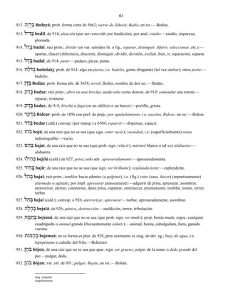 61
912. הָי ְד ֵבּ Bedeyá; prob. forma corta de 5662; siervo de Jehová; Bedía, un isr.:—Bedías.
913. יל ִד ְבּ bedíl; de 914; aleación (por ser removido por fundición); por anal. estaño:—estaño, impureza,
plomada.
914. ל ַד ָבּ badal; raíz prim.; dividir (en var. sentidos lit. o fig., separar, distinguir, diferir, seleccionar, etc.):—
apartar, (hacer) diferencia, discernir, distinguir, dividir, división, excluir, huir, ir, separación, separar.
915. ל ָד ָבּ badal; de 914; parte:—pedazo, pieza, punta.
916. ח ַֹלד ְבּ bedolakj; prob. de 914; algo en piezas, i.e. bedelio, goma (fragante) (tal vez ámbar); otros perla:—
bedelio.
917. ן ָד ְבּ Bedán; prob. forma abr. de 5658; servil; Bedán, nombre de dos isr.:—Bedán.
918. ק ַד ָבּ badac; raíz prim.; abrir en una brecha; usado solo como denom. de 919; enmendar una rotura:—
reparar, restaurar.
919. ק ֶד ֶבּ bedec; de 918; brecha o fuga (en un edificio o un barco):—portillo, grieta.
920. ר ַק ְד ִבּ Bidcar; prob. de 1856 con pref. de prep.; por apuñalamiento, i.e. asesino, Bidcar, un isr.:—Bidcar.
921. ר ַד ְבּ bedar (cald.) corresp. (por transp.) a 6504; esparcir:—dispersar, espacir.
922. ֹהוּבּ bojú; de una raíz que no se usa (que sign. estar vacío); vacuidad, i.e. (superficialmente) ruina
indistinguible:—vacío.
923. ט ַה ַבּ bajat; de una raíz que no se usa (que prob. sign. relucir); mármol blanco o tal vez alabastro:—
alabastro.
924. ילוּ ִה ְבּ bejilú (cald.) de 927; prisa; solo adv. apresuradamente:—apresuradamente.
925. יר ִה ָבּ bajír; de una raíz que no se usa (que sign. ser brillante); resplandeciente:—esplendente.
926. ל ַה ָבּ bajal; raíz prim.; temblar hacia adentro (o palpitar), i.e. (fig.) estar (caus. hacer) (repentinamente)
alarmado o agitado; por impl. apresurar ansiosamente:—adquirir de prisa, apresurar, asombrar,
atemorizar, aterrar, consternar, darse prisa, espantar, estremecer, prontamente, temblar, temor, terror,
turbar.
927. ל ַה ְבּ bejal (cald.); corresp. a 926; aterrorizar, apresurar:—turbar, apresuradamente, asombrar.
928. ה ָל ָה ֶבּ bejalá; de 926; pánico, destrucción:—maldición, terror, tribulación.
929. ה ָמ ֵה ְבּ bejemá; de una raíz que no se usa (que prob. sign. ser mudo); prop. bestia muda; espec. cualquier
cuadrúpedo o animal grande (frecuentemente colect.):—animal, bestia, cabalgadura, fiera, ganado
vacuno.
930. מוֹת ֵה ְבּ bejemot; en su forma es plur. de 929, pero realmente es sing. de der. eg.; buey de agua, i.e.
hipopótamo o caballo del Nilo:—Behemot.
931. ן ֶֹהבּ bójen; de una raíz que no se usa que apar. sign. ser grueso; pulgar de la mano o dedo grande del
pie:—pulgar, dedo.
932. ן ַֹהבּ Bójan; var. ort. de 931; pulgar, Boján, un isr.:—Bohán.
sing. singular
singularmente