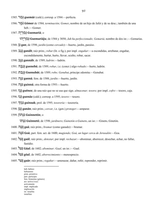 97
1585. ר ַמ ְגּ guemár (cald.); corresp. a 1584:—perfecta.
1586. ר ֶֹמגּ Gómer de 1584; terminación; Gomer, nombre de un hijo de Jafet y de su desc.; también de una
heb.:—Gomer.
1587. הָי ְר ַמ ְגּ Guemariá; o
הוָּי ְר ַמ ְגּ Guemariáju; de 1584 y 3050; Jah ha perfeccionado; Gemariá, nombre de dos isr.:—Gemarías.
1588. ן ַגּ gan; de 1598; jardín (como cercado):—huerto, jardín, paraíso.
1589. ב ַנ ָגּ ganáb; raíz prim.; robar (lit. o fig.); por impl. engañar:—a escondidas, arrebatar, engañar,
escondidamente, hurtar, hurto, llevar, oculto, robar, sacar.
1590. ב ָנּ ַגּ gannáb; de 1589; ladrón:—ladrón.
1591. ה ָב ֵנ ְגּ guenebá; de 1589; robar, i.e. (concr.) algo robado:—hurto, ladrón.
1592. ת ַב ֻנ ְגּ Guenubát; de 1589; robo; Genubat, príncipe edomita:—Genubat.
1593. ה ָנּ ַגּ ganná; fem. de 1588; jardín:—huerto, jardín.
1594. ה ָנּ ִגּ guinná; otra forma de 1593:—huerto.
1595. ז ֶנ ֶגּ guénez; de una raíz que no se usa que sign. almacenar; tesoro; por impl. cofre:—tesoro, caja.
1596. ז ַנ ְגּ guenáz (cald.); corresp. a 1595; tesoro:—tesoro.
1597. ְךַז ְנ ִגּ guinzak; prol. de 1595; tesorería:—tesorería.
1598. ן ַנ ָגּ ganán; raíz prim.; cercar, i.e. (gen.) proteger:—amparar.
1599. תוֹןְנּ ִגּ Guinnetón; o
תוְֹנּ ִגּ Guinnetó; de 1598; jardinero; Guinetón o Guineto, un isr.:—Gineto, Ginetón.
1600. ה ָע ָגּ gaá; raíz prim.; bramar (como ganado):—bramar.
1601. ה ָֹעגּ Goá; part. fem. act. de 1600; mugiendo; Goá, un lugar cerca de Jerusalén:—Goa.
1602. ל ַע ָגּ gaál; raíz prim.; detestar; por impl. rechazar:—abominar, aborrecer, desechar, echar, no fallar,
fastidio.
1603. ל ַע ַגּ Gáal; de 1602; abominar; Gaal, un isr.:—Gaal.
1604. ל ַֹעגּ góal; de 1602; aborrecimiento:—menosprecio.
1605. ר ַע ָגּ gaár; raíz prim.; regañar:—amenazar, dañar, reñir, reprender, reprimir.
heb. hebreo
hebraísmo
prim. primitivo
part. participio
fem. femenino (género)
act. activa (voz)
activamente
impl. implicado
implicación
isr. israelita
israelitas