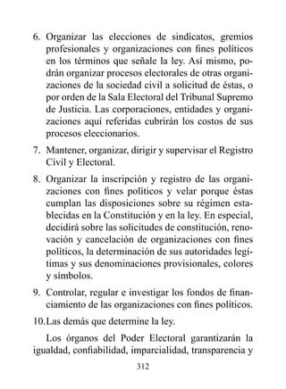 6. Organizar las elecciones de sindicatos, gremios
   profesionales y organizaciones con fines políticos
   en los términos que señale la ley. Así mismo, po-
   drán organizar procesos electorales de otras organi-
   zaciones de la sociedad civil a solicitud de éstas, o
   por orden de la Sala Electoral del Tribunal Supremo
   de Justicia. Las corporaciones, entidades y organi-
   zaciones aquí referidas cubrirán los costos de sus
   procesos eleccionarios.
7. Mantener, organizar, dirigir y supervisar el Registro
   Civil y Electoral.
8. Organizar la inscripción y registro de las organi-
   zaciones con fines políticos y velar porque éstas
   cumplan las disposiciones sobre su régimen esta-
   blecidas en la Constitución y en la ley. En especial,
   decidirá sobre las solicitudes de constitución, reno-
   vación y cancelación de organizaciones con fines
   políticos, la determinación de sus autoridades legí-
   timas y sus denominaciones provisionales, colores
   y símbolos.
9. Controlar, regular e investigar los fondos de finan-
   ciamiento de las organizaciones con fines políticos.
10. Las demás que determine la ley.
   Los órganos del Poder Electoral garantizarán la
igualdad, confiabilidad, imparcialidad, transparencia y
                          312
 