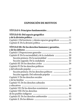 EXPOSICIÓN DE MOTIVOS

TÍTULO I: Principios fundamentales ..............................................6
TÍTULO II: Del espacio geográfico
y de la división política ........................................................................11
Capítulo I. Del territorio y demás espacios geográficos ..................11
Capítulo II. De la división política .......................................................13
TÍTULO III. De los derechos humanos y garantías,
y de los deberes ..................................................................................... 14
Capítulo I. Disposiciones generales .................................................... 14
Capítulo II. De la nacionalidad y de la ciudadanía .......................... 20
    Sección primera: De la nacionalidad ......................................... 20
    Sección segunda: De la ciudadanía ........................................... 22
Capítulo III. De los derechos civiles .................................................. 24
Capítulo IV. De los derechos políticos
y del referendo popular ......................................................................... 27
    Sección primera: De los derechos políticos ............................. 27
    Sección segunda: Del referendo popular .................................. 32
Capítulo V. De los derechos sociales
y de las familias ...................................................................................... 32
Capítulo VI. De los derechos culturales
y educativos ............................................................................................ 36
Capítulo VII. De los derechos económicos ...................................... 44
Capítulo VIII. De los derechos
de los pueblos indígenas ...................................................................... 45
Capítulo IX. De los derechos ambientales ........................................ 53
Capítulo X. De los deberes ................................................................... 56
 