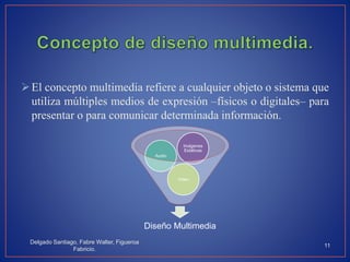 El concepto multimedia refiere a cualquier objeto o sistema que
utiliza múltiples medios de expresión –físicos o digitales– para
presentar o para comunicar determinada información.
Delgado Santiago, Fabre Walter, Figueroa
Fabricio.
11
Diseño Multimedia
Video
Audio
Imágenes
Estáticas
 