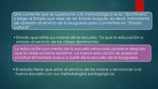 Una corriente que se superpone a la metodológica es la “doctrinaria”
y exige al Estado que deje de ser Estado burgués, es decir, instrumento
de opresión al servicio de la burguesía para convertirse en “Estado
cultural”,
•Estado que retire sus manos de la escuela. Ya que la educación a
estado al servicio de las clases dominantes
La educación por medio de la escuela renovada aparece después
que la clase social la reclama. La nueva educación se propone
construir el hombre nuevo a partir de la escuela de la burguesía
•El estado tiene que estar al servicio de las masas y reconocer a la
nueva escuela con sus metodologías pedagógicas.
 