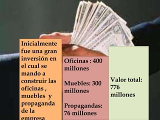 Inicialmente
fue una gran
inversión en    Oficinas : 400
el cual se      millones
mando a
construir las                    Valor total:
                Muebles: 300
oficinas ,                       776
                millones
muebles y                        millones
propaganda      Propagandas:
de la           76 millones
 