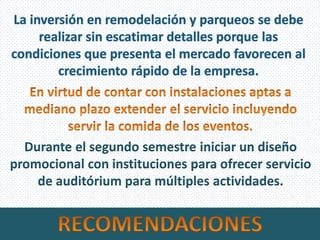 06/08/2013 Seminario Problemas Empresariales 36
Durante el segundo semestre iniciar un diseño
promocional con instituciones para ofrecer servicio
de auditórium para múltiples actividades.
 