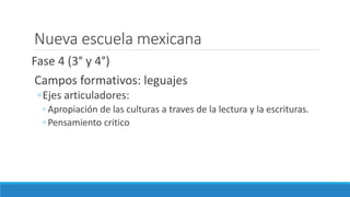 Nueva escuela mexicana
Fase 4 (3° y 4°)
Campos formativos: leguajes
◦Ejes articuladores:
◦ Apropiación de las culturas a traves de la lectura y la escrituras.
◦ Pensamiento critico
 