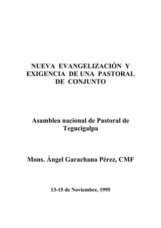 NUEVA EVANGELIZACIÓN Y
EXIGENCIA DE UNA PASTORAL
DE CONJUNTO

Asamblea nacional de Pastoral de
Tegucigalpa

Mons. Ángel Garachana Pérez, CMF

13-15 de Noviembre, 1995

 