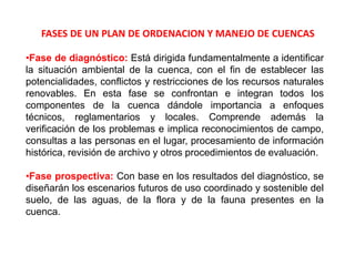 FASES DE UN PLAN DE ORDENACION Y MANEJO DE CUENCAS

•Fase de diagnóstico: Está dirigida fundamentalmente a identificar
la situación ambiental de la cuenca, con el fin de establecer las
potencialidades, conflictos y restricciones de los recursos naturales
renovables. En esta fase se confrontan e integran todos los
componentes de la cuenca dándole importancia a enfoques
técnicos, reglamentarios y locales. Comprende además la
verificación de los problemas e implica reconocimientos de campo,
consultas a las personas en el lugar, procesamiento de información
histórica, revisión de archivo y otros procedimientos de evaluación.

•Fase prospectiva: Con base en los resultados del diagnóstico, se
diseñarán los escenarios futuros de uso coordinado y sostenible del
suelo, de las aguas, de la flora y de la fauna presentes en la
cuenca.
 