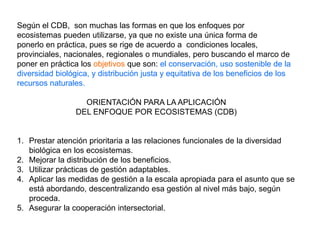 Según el CDB, son muchas las formas en que los enfoques por
ecosistemas pueden utilizarse, ya que no existe una única forma de
ponerlo en práctica, pues se rige de acuerdo a condiciones locales,
provinciales, nacionales, regionales o mundiales, pero buscando el marco de
poner en práctica los objetivos que son: el conservación, uso sostenible de la
diversidad biológica, y distribución justa y equitativa de los beneficios de los
recursos naturales.

                   ORIENTACIÓN PARA LA APLICACIÓN
                 DEL ENFOQUE POR ECOSISTEMAS (CDB)


1. Prestar atención prioritaria a las relaciones funcionales de la diversidad
   biológica en los ecosistemas.
2. Mejorar la distribución de los beneficios.
3. Utilizar prácticas de gestión adaptables.
4. Aplicar las medidas de gestión a la escala apropiada para el asunto que se
   está abordando, descentralizando esa gestión al nivel más bajo, según
   proceda.
5. Asegurar la cooperación intersectorial.
 
