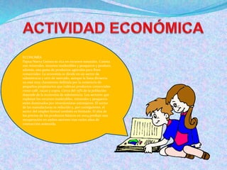 ECONOMÍA
Papua Nueva Guinea es rica en recursos naturales. Cuenta
con minerales, recursos maderables y pesqueros y produce,
además, una gama de productos agrícolas para fines
comerciales. La economía se divide en un sector de
subsistencia y otro de mercado, aunque la línea divisoria
no está muy claramente definida por la existencia de
pequeños propietarios que cultivan productos comerciales
como café, cacao y copra. Cerca del 75% de la población
depende de la economía de subsistencia. Los sectores que
explotan los recursos maderables, minerales y pesqueros
están dominados por inversionistas extranjeros. El sector
de las manufacturas es reducido y, por consiguiente, el
sector del empleo formal también es limitado. El alza de
los precios de los productos básicos en 2004 produjo una
recuperación en ambos sectores tras varios años de
contracción sostenida.
 