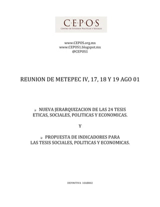  
	
  
	
  
	
  
www.CEPOS.org.mx	
  
www.CEPOS1.blogspot.mx	
  
@CEPOS1	
  
	
  
	
  
	
  
	
  
REUNION	
  DE	
  METEPEC	
  IV,	
  17,	
  18	
  Y	
  19	
  AGO	
  01	
  
 NUEVA	
  JERARQUIZACION	
  DE	
  LAS	
  24	
  TESIS	
  
ETICAS,	
  SOCIALES,	
  POLITICAS	
  Y	
  ECONOMICAS.	
  
	
  
Y	
  
	
  
 PROPUESTA	
  DE	
  INDICADORES	
  PARA	
  
LAS	
  TESIS	
  SOCIALES,	
  POLITICAS	
  Y	
  ECONOMICAS.	
  
DEFINITIVA	
  	
  10ABR02	
  
 