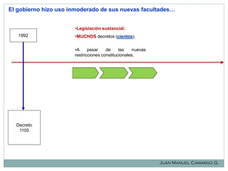 El gobierno hizo uso inmoderado de sus nuevas facultades…
•Legislación sustancial:

1992

•MUCHOS decretos (cientos).
•A
pesar
de
las
nuevas
restricciones constitucionales.

Decreto
1105

Juan Manuel Camargo G.

 